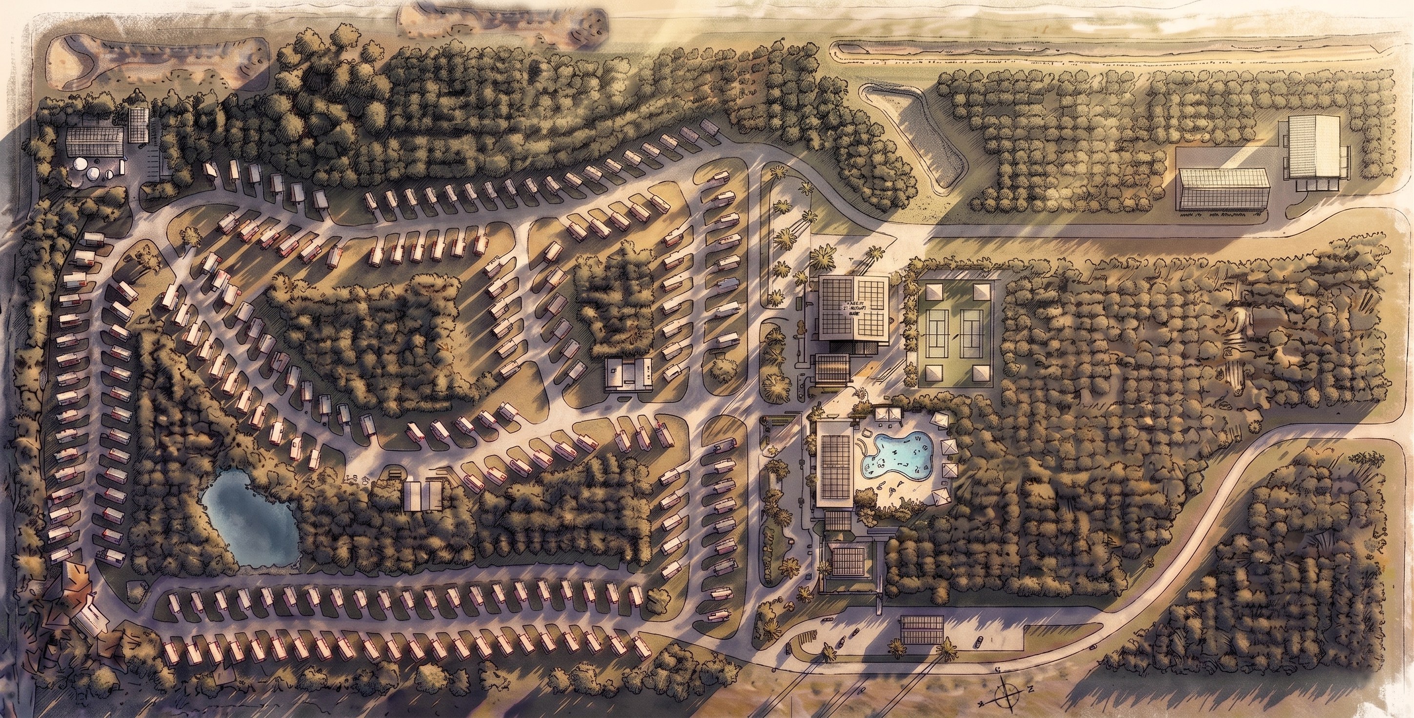 Harvest Groves hand-sketched cinematic narrative plan